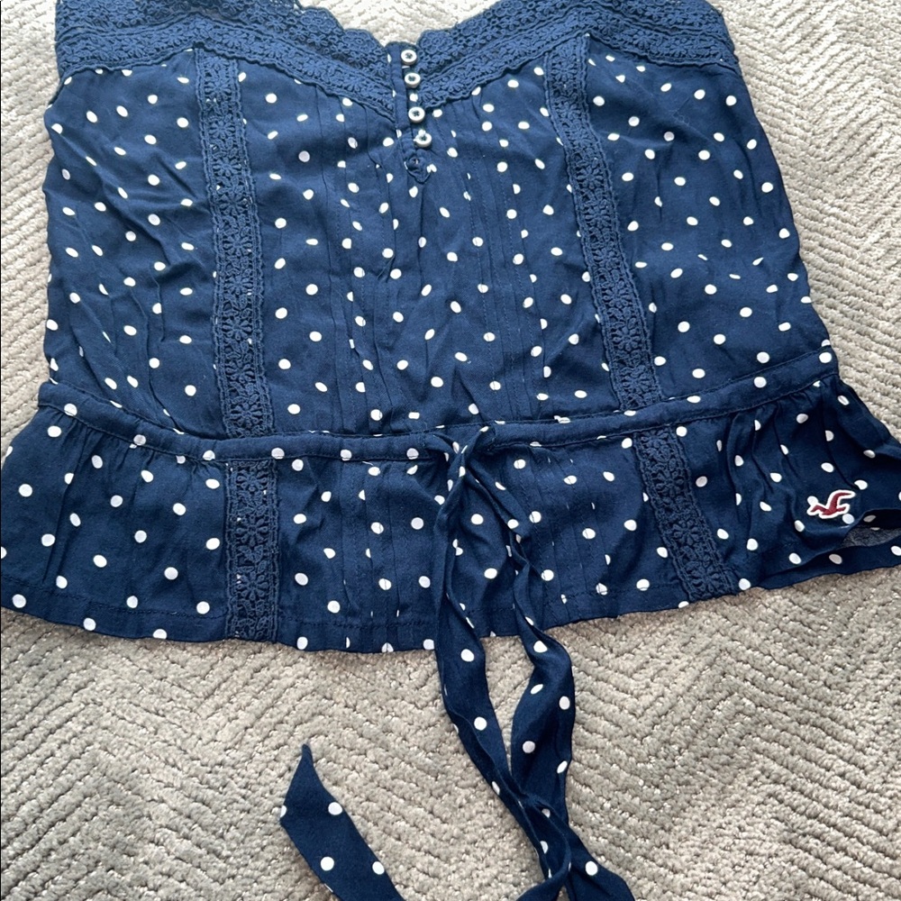 New Hollister Polka Dot Lace Cami Top Navy Blue Button Front Size Medium - Picture 6 of 10